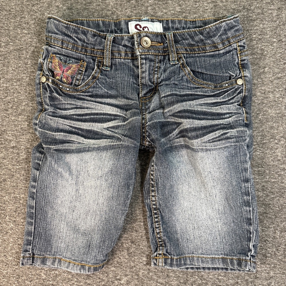SO Jeans Girls Sz 8 Blue Shorts Embroided Crop Stretch Adjustable Elastic Waist
